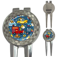 Seamless Pattern Vehicles Cartoon With Funny Drivers 3-in-1 Golf Divots