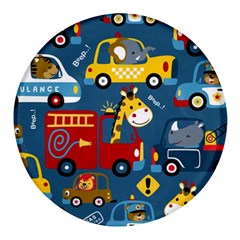 Seamless Pattern Vehicles Cartoon With Funny Drivers Round Glass Fridge Magnet (4 Pack)