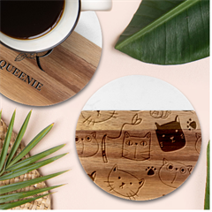 Cute-hand-drawn-cat-seamless-pattern Marble Wood Coaster (round)