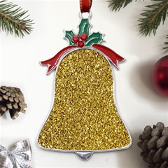 Gold Glittering Background Gold Glitter Texture, Close-up Metal Holly Leaf Bell Ornament