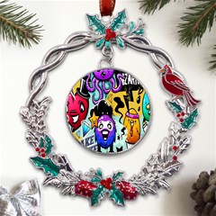 Cartoon Graffiti, Art, Black, Colorful, Wallpaper Metal X mas Wreath Holly Leaf Ornament
