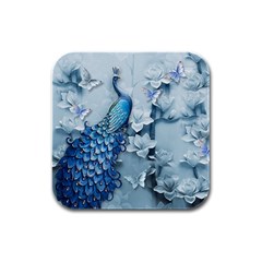 Chinese Style 3d Embossed Blue Peacock Oil Painting Rubber Square Coaster (4 Pack) by Grandong