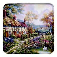 Colorful Cottage River Colorful House Landscape Garden Beautiful Painting Square Glass Fridge Magnet (4 Pack)