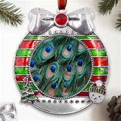 Peacock-feathers,blue2 Metal X mas Ribbon With Red Crystal Round Ornament