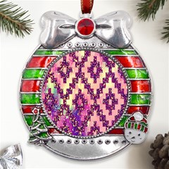 Cute Glitter Aztec Design Metal X mas Ribbon With Red Crystal Round Ornament