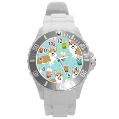 Welsh Corgi Boba Tea Bubble Cute Kawaii Dog Breed Round Plastic Sport Watch (l)