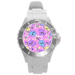 Seamless Pattern With Cute Kawaii Kittens Round Plastic Sport Watch (l)