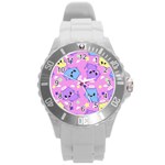 Seamless Pattern With Cute Kawaii Kittens Round Plastic Sport Watch (L) Front