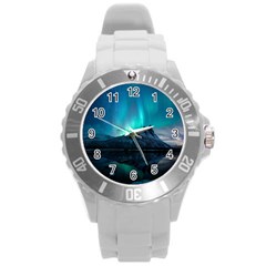 Aurora Borealis Mountain Reflection Round Plastic Sport Watch (l)