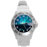 Aurora Borealis Mountain Reflection Round Plastic Sport Watch (L) Front