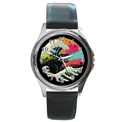 Retro Wave Kaiju Godzilla Japanese Pop Art Style Round Metal Watch