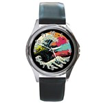 Retro Wave Kaiju Godzilla Japanese Pop Art Style Round Metal Watch Front