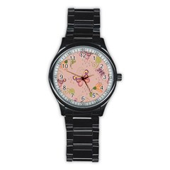 Butterfly Background Pattern Texture Stainless Steel Round Watch