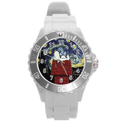 Cartoon Dog House Van Gogh Round Plastic Sport Watch (l)