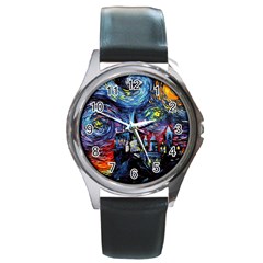 Castle Hogwarts Starry Night Print Van Gogh Parody Round Metal Watch