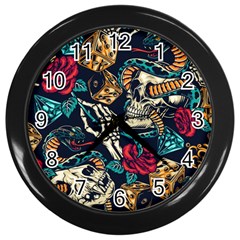 Vintage Art Tattoos Colorful Seamless Pattern Wall Clock (black)