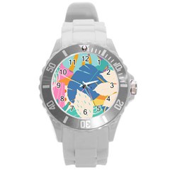Exotic Leaves Flower Plant And Branches Art Print Botanical Pattern Round Plastic Sport Watch (l)