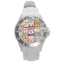 Pattern Texture Multi Colored Variation Round Plastic Sport Watch (l)