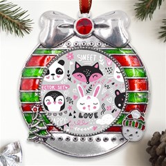 Big Set With Cute Cartoon Animals Bear Panda Bunny Penguin Cat Fox Metal X mas Ribbon With Red Crystal Round Ornament