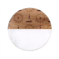 Marine Nautical Seamless Pattern With Vintage Lighthouse Wheel Classic Marble Wood Coaster (round) 