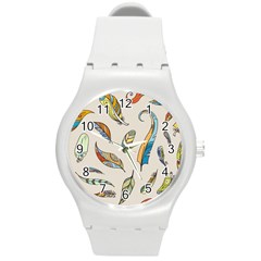 Vector Boho Doodle Feathers Seamless Pattern Illustration Round Plastic Sport Watch (m)