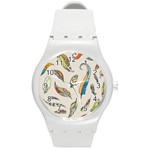 Vector Boho Doodle Feathers Seamless Pattern Illustration Round Plastic Sport Watch (M) Front