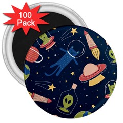 Seamless Pattern With Funny Aliens Cat Galaxy 3  Magnets (100 Pack)
