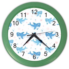 Seamless Pattern With Cute Sharks Hearts Color Wall Clock