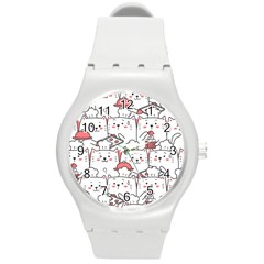 Cute Cat Chef Cooking Seamless Pattern Cartoon Round Plastic Sport Watch (m)