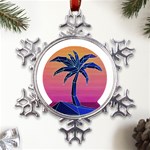 Abstract 3d Art Holiday Island Palm Tree Pink Purple Summer Sunset Water Metal Large Snowflake Ornament Front