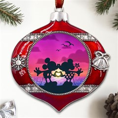 Mickey And Minnie, Mouse, Disney, Cartoon, Love Metal Snowflake And Bell Red Ornament