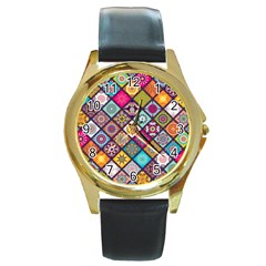 Pattern, Colorful, Floral, Patter, Texture, Tiles Round Gold Metal Watch