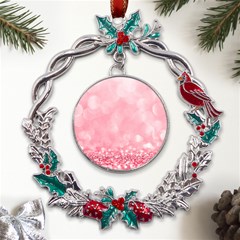 Pink Glitter Background Metal X mas Wreath Holly Leaf Ornament
