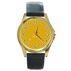 Yellow Floral Pattern Vintage Pattern, Yellow Background, Round Gold Metal Watch