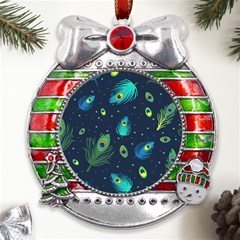 Feather, Bird, Pattern, Metal X mas Ribbon With Red Crystal Round Ornament