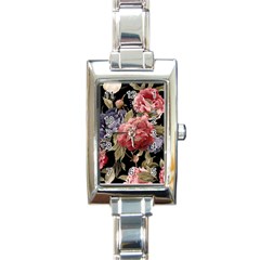 Retro Texture With Flowers, Black Background With Flowers Rectangle Italian Charm Watch