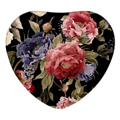 Retro Texture With Flowers, Black Background With Flowers Heart Glass Fridge Magnet (4 Pack)