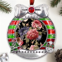 Retro Texture With Flowers, Black Background With Flowers Metal X mas Ribbon With Red Crystal Round Ornament
