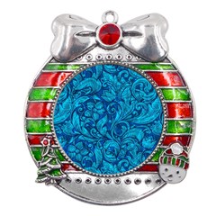 Blue Floral Pattern Texture, Floral Ornaments Texture Metal X mas Ribbon With Red Crystal Round Ornament
