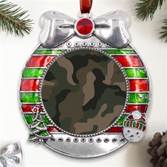 Camo, Abstract, Beige, Black, Brown Military, Mixed, Olive Metal X mas Ribbon With Red Crystal Round Ornament
