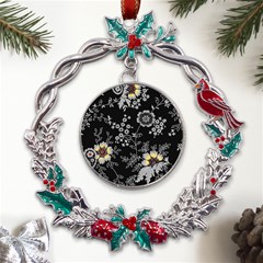 Black Background With Gray Flowers, Floral Black Texture Metal X mas Wreath Holly Leaf Ornament
