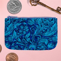Blue Floral Pattern Texture, Floral Ornaments Texture Large Coin Purse