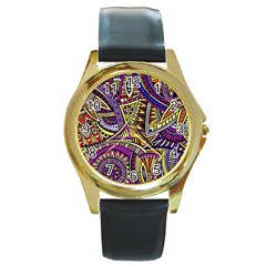 Violet Paisley Background, Paisley Patterns, Floral Patterns Round Gold Metal Watch