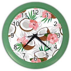 Seamless Pattern Coconut Piece Palm Leaves With Pink Hibiscus Color Wall Clock