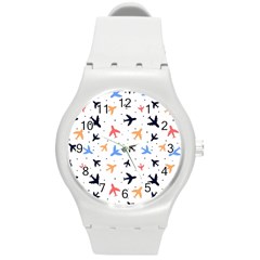 Airplane Pattern Plane Aircraft Fabric Style Simple Seamless Round Plastic Sport Watch (m)