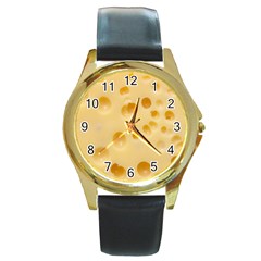 Cheese Texture, Yellow Cheese Background Round Gold Metal Watch
