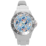 Berries Foliage Seasons Branches Seamless Background Nature Round Plastic Sport Watch (L) Front