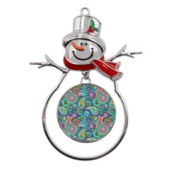 Patterns, Green Background, Texture Metal Snowman Ornament