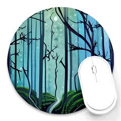 Nature Outdoors Night Trees Scene Forest Woods Light Moonlight Wilderness Stars Round Mousepad