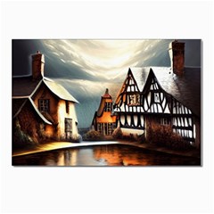 Village Reflections Snow Sky Dramatic Town House Cottages Pond Lake City Postcard 4 x 6  (pkg Of 10) by Posterlux